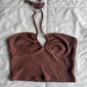 Aritzia Halter Top Wilfred Women's M Brown Cropped Ribbed Keyhole